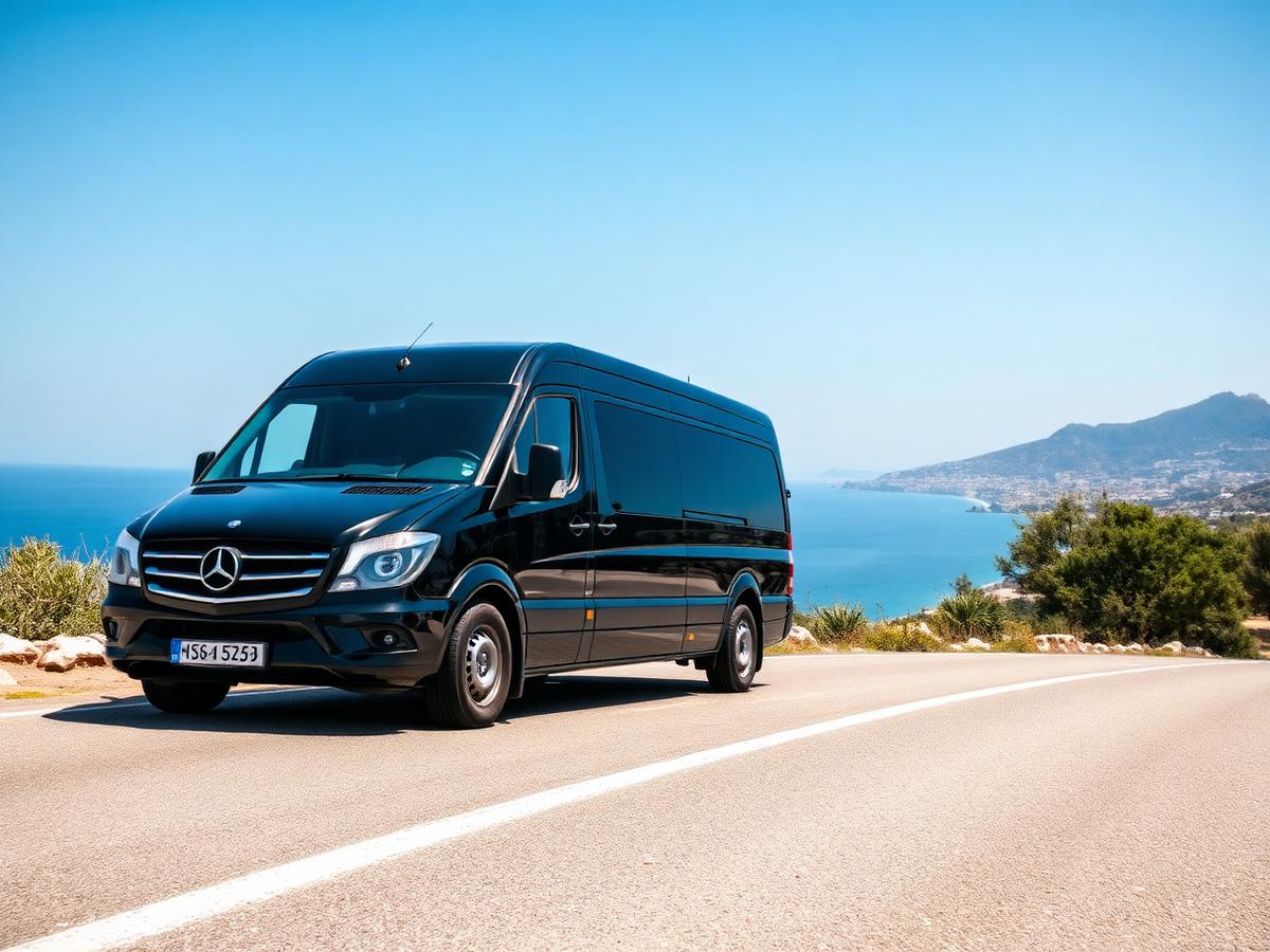 Black Mercedes van transfer service on a coastal Greek road